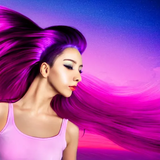 Image similar to a award winning full body shot of a beautiful woman in a croptop with a ombre purple pink teal hairstyle with head in motion and hair flying, outrun, vaporware, vivid colors, highly detailed, fine detail, intricate