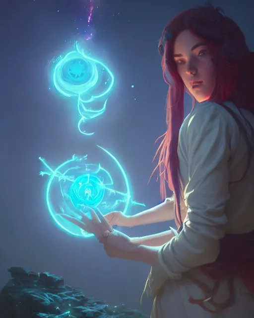 Image similar to highly detailed vfx portrait of a mage casting a time spell, unreal engine, greg rutkowski, loish, rhads, beeple, makoto shinkai and lois van baarle, ilya kuvshinov, rossdraws, tom bagshaw, alphonse mucha, global illumination, detailed and intricate environment