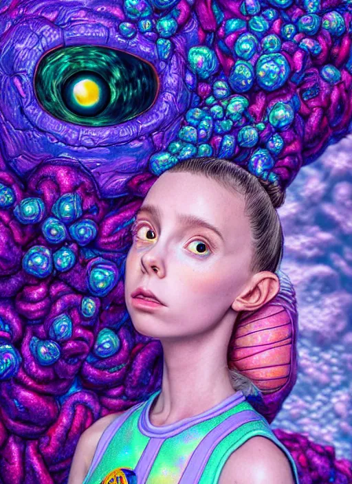 Prompt: hyper detailed 3d render like a Oil painting - kawaii portrait Aurora (an astronaut girl with suit like a skeksis from dark crystal that looks like millie bobby brown and Krysten Ritter) seen Eating of the Strangling network of yellowcake aerochrome and milky Fruit and His delicate Hands hold of gossamer polyp blossoms bring iridescent fungal flowers whose spores black the foolish stars by Jacek Yerka, Ilya Kuvshinov, Mariusz Lewandowski, Houdini algorithmic generative render, Abstract brush strokes, Masterpiece, Edward Hopper and James Gilleard, Zdzislaw Beksinski, Mark Ryden, Wolfgang Lettl, hints of Yayoi Kasuma, octane render, 8k