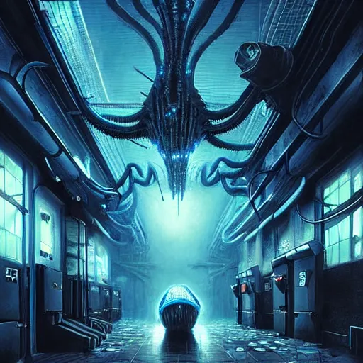 Prompt: menacing aggressive fast engineered black slimy creature made out of needles, inside a gas station, aggressive harsh bright fluorescent industrial blue lighting, extremely detailed digital matte painting by Greg Rutkowski and H.R. Giger