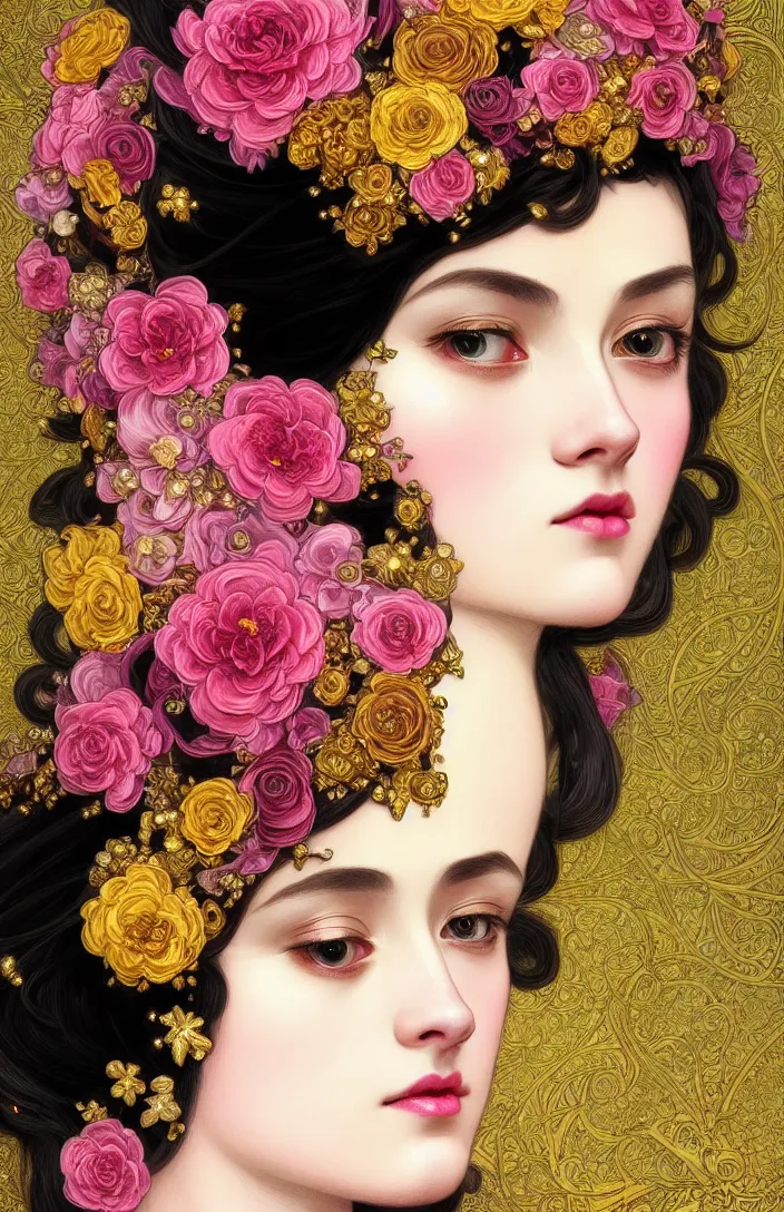 Image similar to beautiful black pink yellow, complicated gold and pink flowers in baroque style headwears, dark fantasy, intricate, elegant, highly detailed, digital painting, artstation, concept art, matte, 3 d 8 k octane rendered, sharp focus, illustration, octane rendered, art by artgerm and alphonse mucha, leesha hannigan