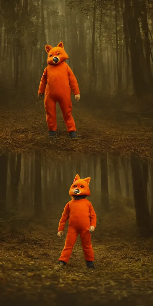 Prompt: boy in an orange fox suit, sunny day in the forrest, moody , lovecraft, giger, ridley scott, zack snyder, Fenghua Zhong, realistic cinematic lighting, establishing action shot, ultra detailed, hyper realism, photo, octane render.