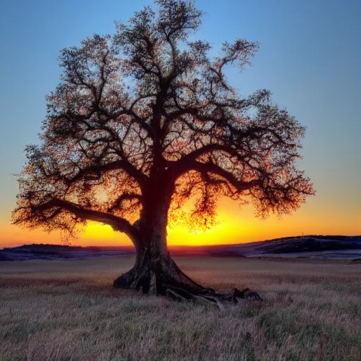 Image similar to a large-dead-oak atop a hill with a bright-sunset behind it by bob ross