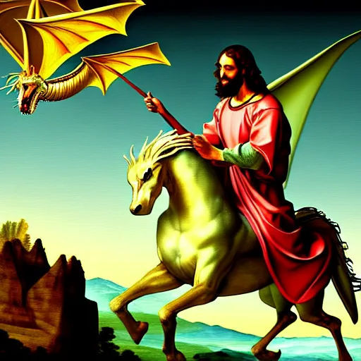 Prompt: Jesus riding a dragon, renaissance painting, fantasy art, digital art