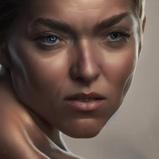 Image similar to a woman with muscles, digital art, photorealistic, unreal engine, 8 k resolution, artstation, beautiful face, pretty face, very detailed eyes, by wlop, greg rutkowski, simon bosley