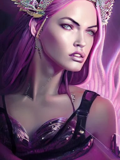 Prompt: pink portrait of young beautiful female angel queen Megan Fox head wearing shiny pink crown, subtle purple accents, hyper details, black metal rococo, sculpted by Alex Alice, Craig Mullins, yoji shinkawa, trending on artstation, beautifully lit, Peter mohrbacher, hyper detailed, insane details, intricate, elite, elegant, luxury, ray of light through smoke, CGsociety, hypermaximalist, golden ratio, background urban cityscape, night, neofuture, volumetric, octane render, weta digital, micro details, 3d sculpture