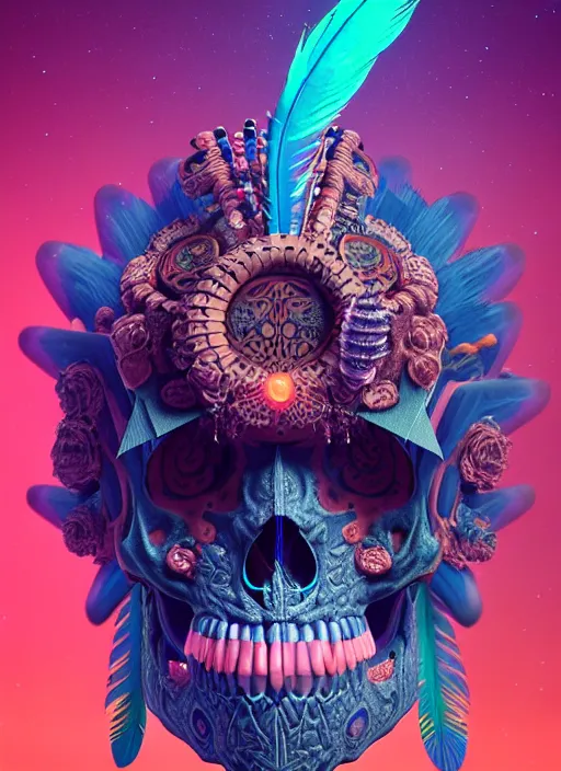 Image similar to 3 d shaman with tattoos profile portrait, sigma 5 0 0 mm f / 5. beautiful intricate highly detailed quetzalcoatl skull and feathers. bioluminescent, plasma, lava, ice, water, wind, creature, thunderstorm! artwork by tooth wu and wlop and beeple and greg rutkowski, 8 k trending on artstation,