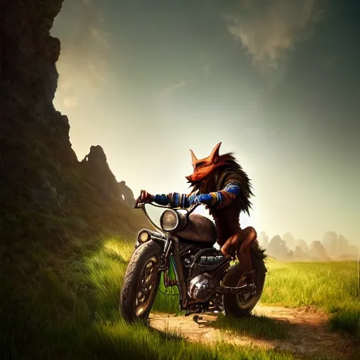 Prompt: a goblin wearing high riding boots riding a steampunk motorcycle on a dirt road in a meadow in mid day, volumetric light, hyperdetailed, artstation, cgsociety, 8k