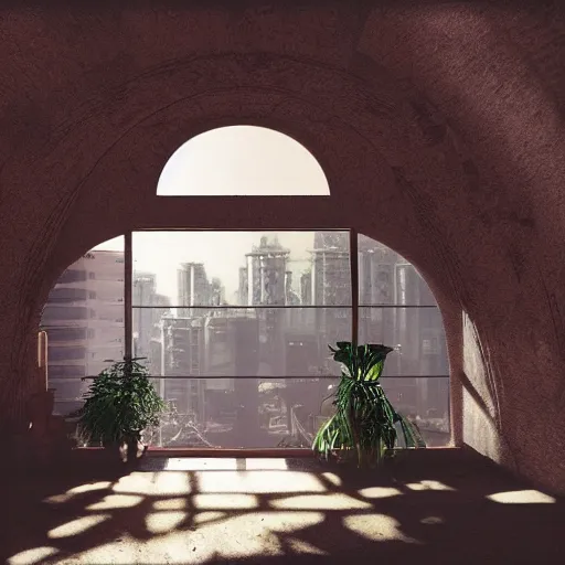 Prompt: 70s interior with arched windows, natural sunlight, summer, hanging plants, cinematic, cyberpunk, lofi, calming, dramatic, fantasy, by zdzisław beksiński, Fantasy LUT, high contrast, epic composition, sci-fi, dreamlike, surreal, angelic, cinematic, 8k, unreal engine, hyper realistic, fantasy concept art,