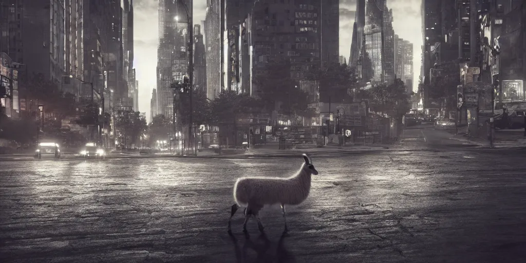 Image similar to a llama walking through a desolate manhattan city street at night, statue of liberty seen in the background, realistic 4 k octane beautifully detailed render, 4 k post - processing, highly detailed, intricate complexity, epic composition, magical atmosphere, cinematic lighting, masterpiece, ultra hd