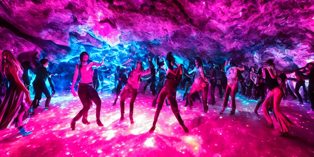 Prompt: cinematic shot of a goth disco nightclub in a cave, (((sphere of holographic knives))) made of pink lasers and blue crystals, goth people dancing, 8k photograph