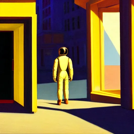 Image similar to o portrait of an astronaut walking down a lonely street, in the style of Edward Hopper, 4k,