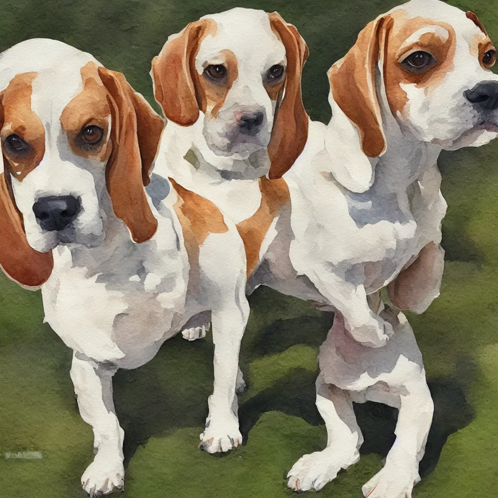 Prompt: water color painting of a white and caramel beagle dog in a backyard, harsh lighting, detailed, trending on artstation, dull pastel colors, bright, god rays, dreamy, trending on artstation
