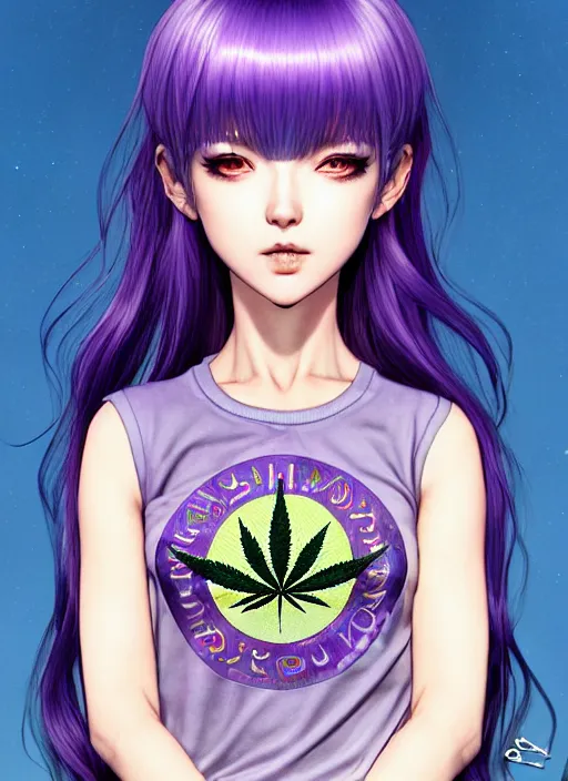 Image similar to richly detailed colored pencil 3 d illustration woman silky straight purple hair with iridescence wearing marijuana logo tshirt and short shorts, she staring at the camera happily art by range murata and artgerm.