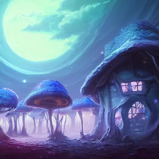 Prompt: concept art painting of a fantasy alien nighttime landscape of houses made of fungus, with glowing blue lights, glowing blue mushrooms, dark purple sky, realistic, detailed, cel shaded, in the style of makoto shinkai and greg rutkowski and albert bierstadt and james gurney