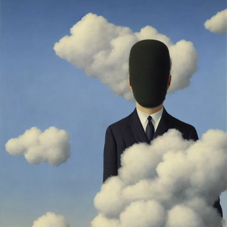 Image similar to portrait of a cloud man in a suit by rene magritte, detailed painting, hd, hq, high resolution, high detail, 4 k, 8 k