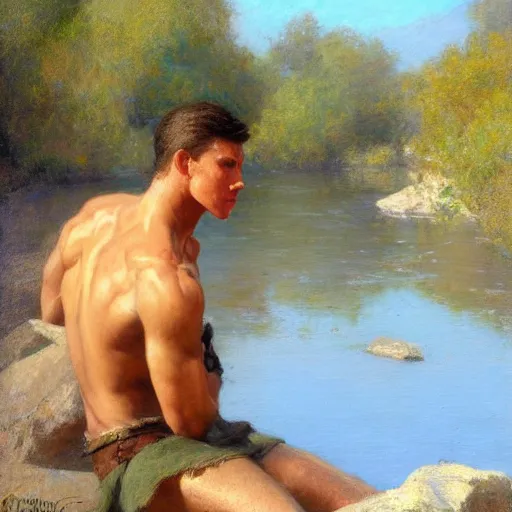 Image similar to muscular young man by the river, painting by Gaston Bussiere, Craig Mullins