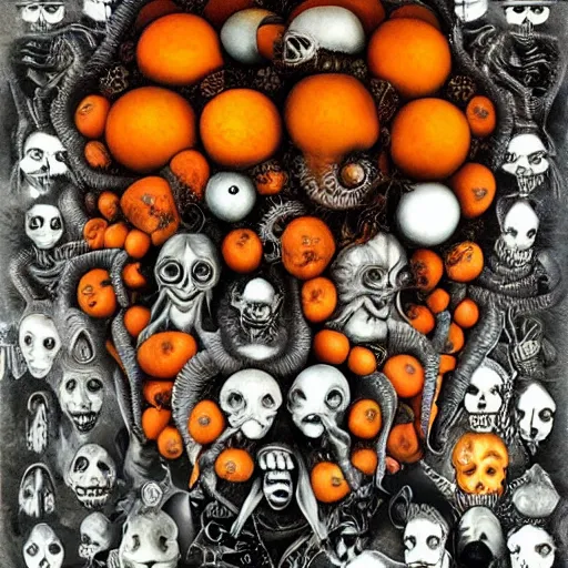 Prompt: black, white, orange album cover, aliens, psychedelic, giuseppe arcimboldo