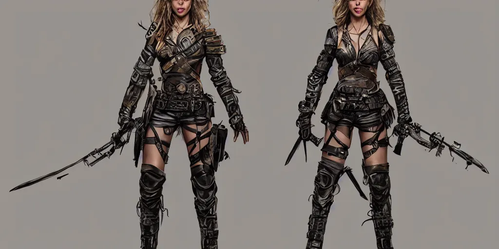 Prompt: portrait of halston sage as a tattooed armored wanderer pinup, wearing scratched and ripped leather shorts, wearing an aviator jacket, character sheet, fine details, concept design, contrast, kim jung gi, greg rutkowski, trending on artstation, 8 k, full body, turnaround, front view, back view, ultra wide angle
