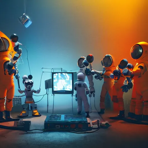 Image similar to nine austronauts in spacesuits, repairing a mickey mouse robot head held down by a crane, in a garage owned by netflix, dark dystopian environment, with cyan lights lighting the foreground and red lights in the background, made by beeple, sigma 5 0 mm