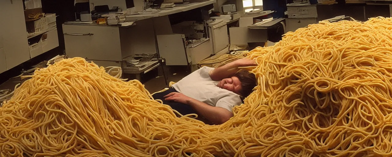 Image similar to security cam footage of someone sleeping on a bed of spaghetti at work, kodachrome, in the style of wes anderson, retro