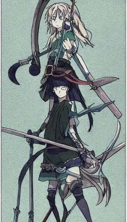 Prompt: a beautiful link drawing of the being death as a cute anime girl with a giant scythe from a studio ghibli film inspired by the death tarot card, dark vibes