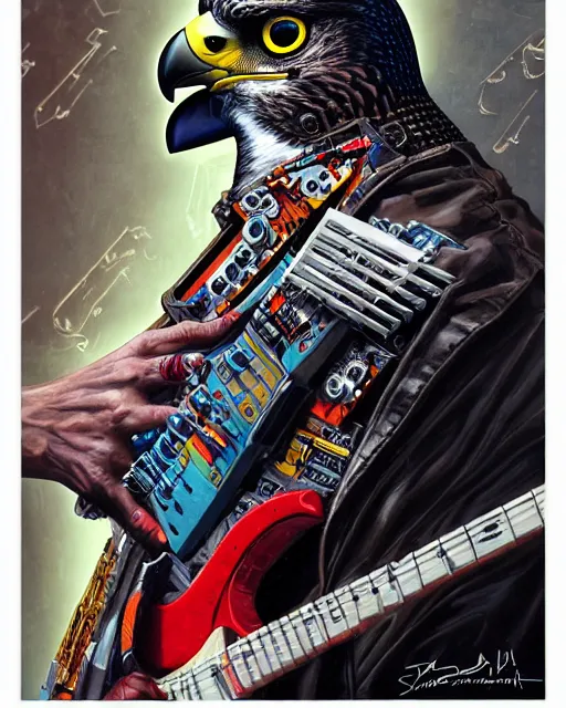 Image similar to a portrait of an anthropomorphic cyberpunk falcon shredding an electric guitar by sandra chevrier, by jon foster, detailed render, tape deck, epic composition, cybernetics, 4 k realistic, cryengine, realistic shaded lighting, sharp focus, masterpiece, by enki bilal