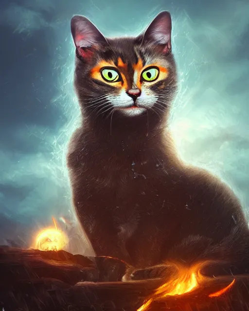 Image similar to a cat. a detailed portrait digital rococo painting of a beautiful cat wearing fantasy clothing. the cat has an, evil mood, hellish battlefield in the background, unreal engine, embers flying, hyper realism, realistic shading, cinematic composition, blender render, octane render, ultrawide shot