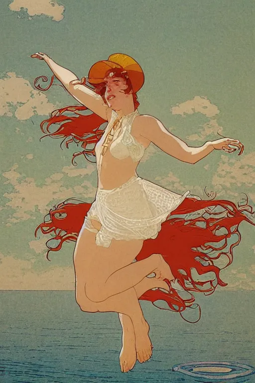 Prompt: A girl in a white lacy bikini and white sun hat and Holding a heart-shaped lifebuoy, jumping for joy,long orange hair floating on air ,Waves and sand and clouds in the background ,Smooth visual lines,graphic Design by mucha