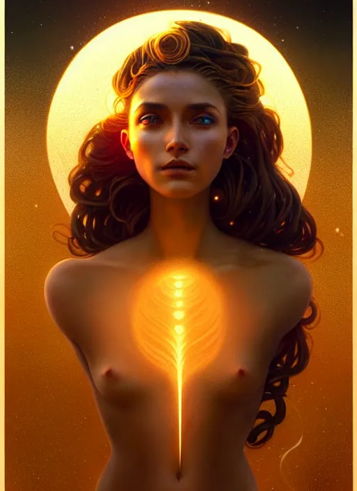 Image similar to a beautiful cinematic female sand goddess, glow golden tatto, galatic shamen with Quantum energy fantasy, fantasy magic, undercut hairstyle, dark light night, intricate, elegant, sharp focus, illustration, highly detailed, digital painting, concept art, matte, art by WLOP and Artgerm and Greg Rutkowski and Alphonse Mucha, masterpiece