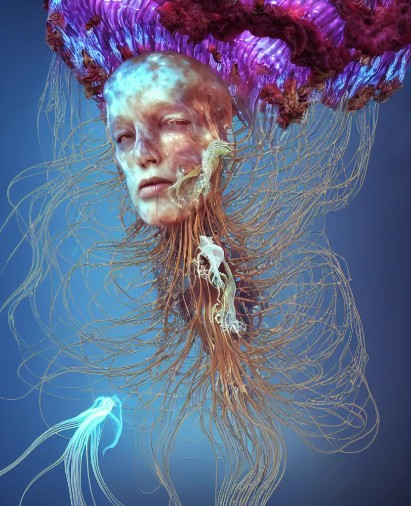 Image similar to close-up portrait of the face of a beautiful princess in a twisted flowers jellyfish mask surrounded by energy flow, epic angle and pose, symmetrical artwork, 3d with depth of field, blurred background, floating jellyfish skull phoenix bird, translucent, nautilus, energy flows of water and fire. a highly detailed epic cinematic concept art CG render. made in Maya, Blender and Photoshop, octane render, excellent composition, cinematic dystopian brutalist atmosphere, dynamic dramatic cinematic lighting, aesthetic, very inspirational, arthouse. y Greg Rutkowski, Ilya Kuvshinov, WLOP, Stanley Artgerm Lau, Ruan Jia and Fenghua Zhong