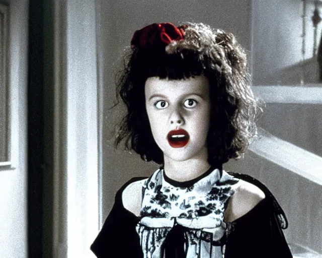 Prompt: millie bobby brown as lydia in beetlejuice, 1988, cdx