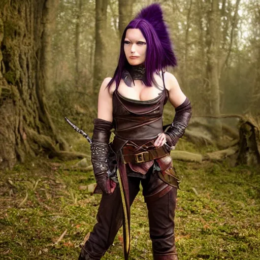 Image similar to anya charlota as a medieval fantasy tolkien elf, dark purplish hair tucked behind ears, wearing leather with a fur lined collar, wide, muscular build, scar across the nose, one black, scaled arm, cinematic, character art, real life, 8 k, detailed.