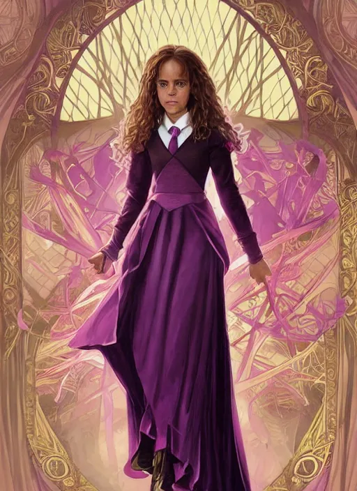 Image similar to hermione! granger! at hogwarts!! at the yule ball wearing pink and purple dress. emma watson. beautiful detailed face. by artgerm and greg rutkowski and alphonse mucha