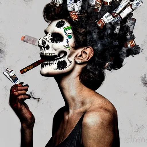 Prompt: full body potrait of a woman. woman is wearing a crown made of cigarettes. Woman is wearing a skull mask. Smoke effects forms question mark. Digital painting. Art station. Mood lighting. - h 1200