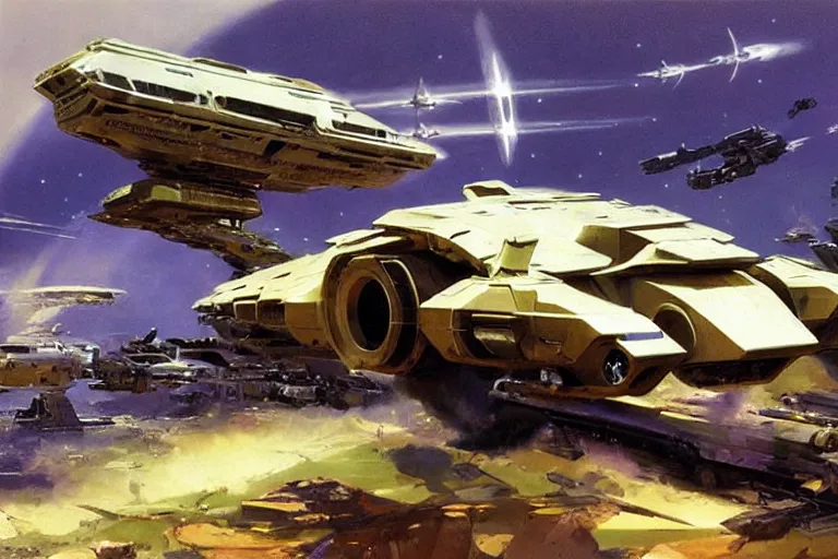 Image similar to a futuristic troop transport with a huge laser cannon on top, painting by john berkey