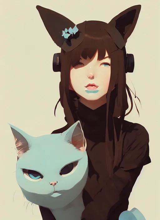 Image similar to portrait of cute catgirl with cat ears, by atey ghailan, by greg rutkowski, by greg tocchini, by james gilleard, by joe gb fenton, by in kaethe butcher, dynamic lighting, gradient light blue, brown, blonde cream and white color in scheme, grunge aesthetic