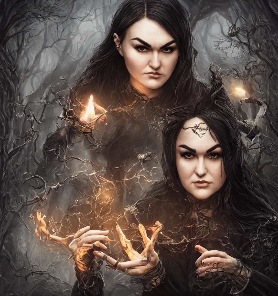 Prompt: photo-portrait of sasha grey as a fearless witch with magical powers doing a dangerous summoning spell, style of Midjourney, stylized, 8k high details, detailed and intricate, elegant, ornate, horror, elite, ominous, haunting, beautiful digital painting, cinematic, cgsociety, artstation, octane render, 8k, unreal engine