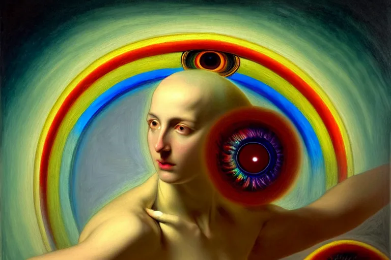 Image similar to painting of rainbow ophanim surrounded by large diagonally rotating rings, ophanim has bird wings, giant eyeball in the middle of the ophanim, by roberto ferri, amazing details, mythological, biblical, beautiful composition