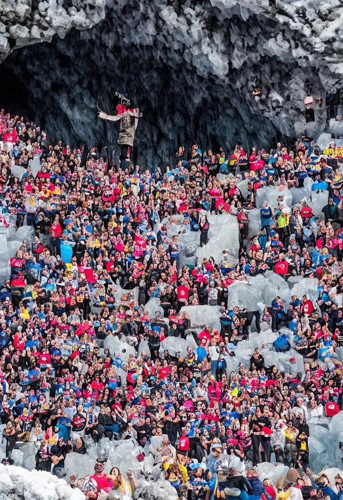 Image similar to pregnant woman at the top making an epic speech to a proud of warrior crowd hearing from bellow, ice cave, facinating, epic, masterpiece