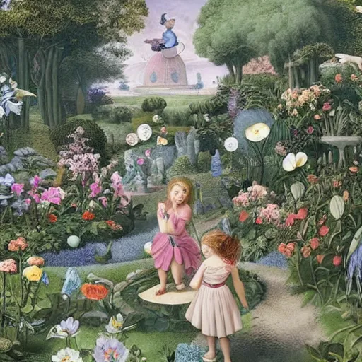 Image similar to a whimsical garden scene. In the art installation, a young girl can be seen playing among the flowers and trees, while a fairy watches over her. blueprint by Raphael Lacoste, by Kent Monkman ghastly