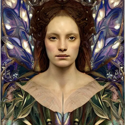 Prompt: a baroque neoclassicist closeup renaissance portrait of a beautiful forest queen with moth wings with iridescent geometric patterns, reflective detailed textures, dark fantasy science fiction painting by diego rivera and jean delville and nicholas roerich and sam spratt, dramatic lighting, gleaming silver and rich colors, artstation, octane render