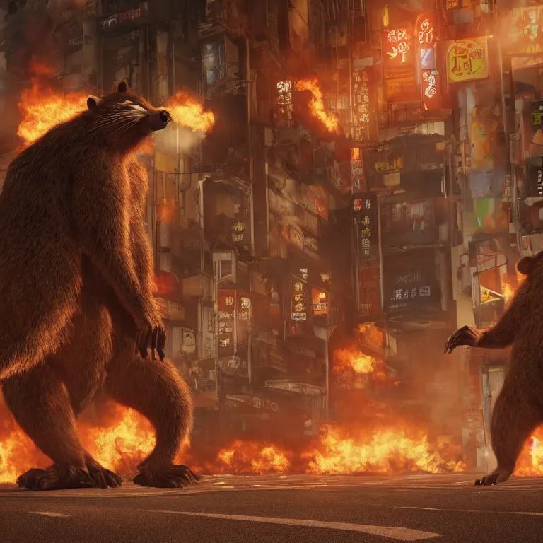 Image similar to wide angle octane render by wayne barlow and carlo crivelli and glenn fabry, a giant raccoon kaiju inside the burning streets of tokyo, cinema 4 d, ray traced lighting, very short depth of field, bokeh