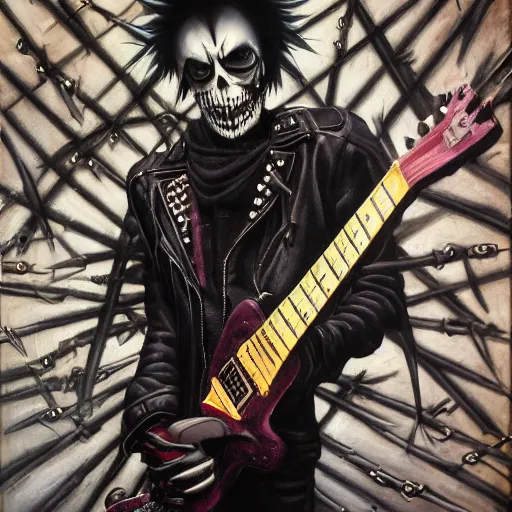 Image similar to a portrait of the grim reaper as a punk rocker playing an electric guitar, punk, skeleton face, mohawk, dark, fantasy, leather jackets, spiked collarsand wristbands, piercings, boots, ultrafine detailed oil on canvas painting by frank frazetta and vito acconci and and takeshi obata, death note style, symetric body, sharp focus