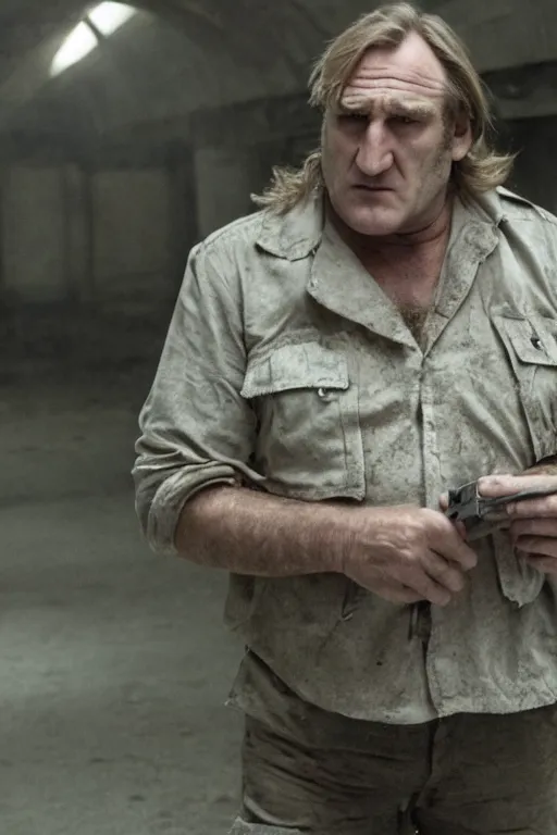 Image similar to [a still of Gerard Depardieu in the movie Stalker, Nostromo, 4k, HD, high quality]