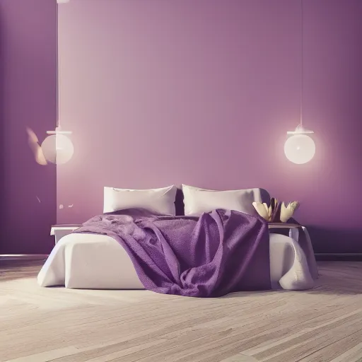 Image similar to interior of a beautiful and cozy bedroom, modern minimal design, vaporwave wallpaper texture, vivid lighting, purple color scheme, photorealist, 4 k