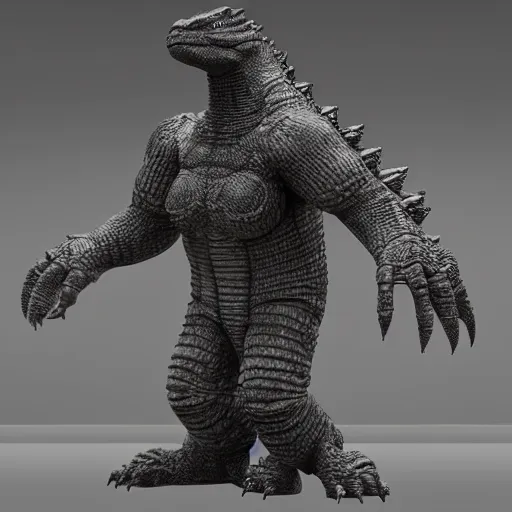 Image similar to hard surface, robotic platform, based on godzilla, 6 claws, symmetric, unreal engine