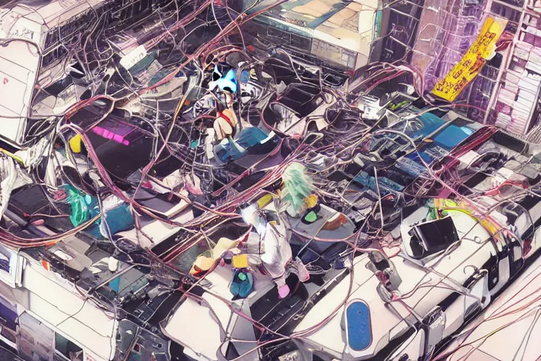 Image similar to cyberpunk anime illustration of a group of female androids lying on an empty white floor in various poses with their bodies open showing a tangled mess of wires and cables coming out, by katsuhiro otomo and masamune shirow, hyper-detailed, colorful, beautiful, bird view