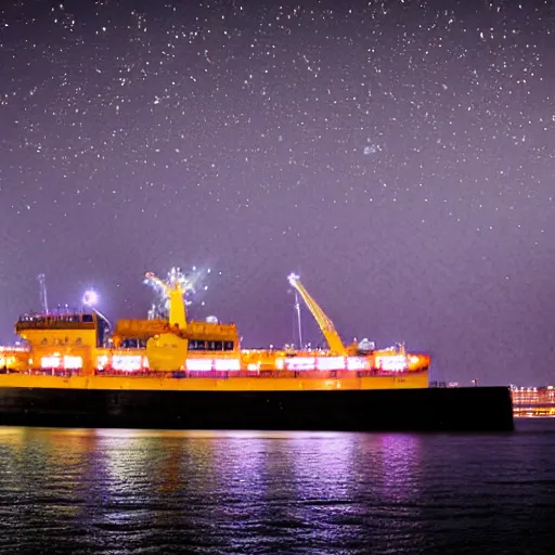 Prompt: icebreaker ship docked in new york harbor at night, bokeh, long exposure