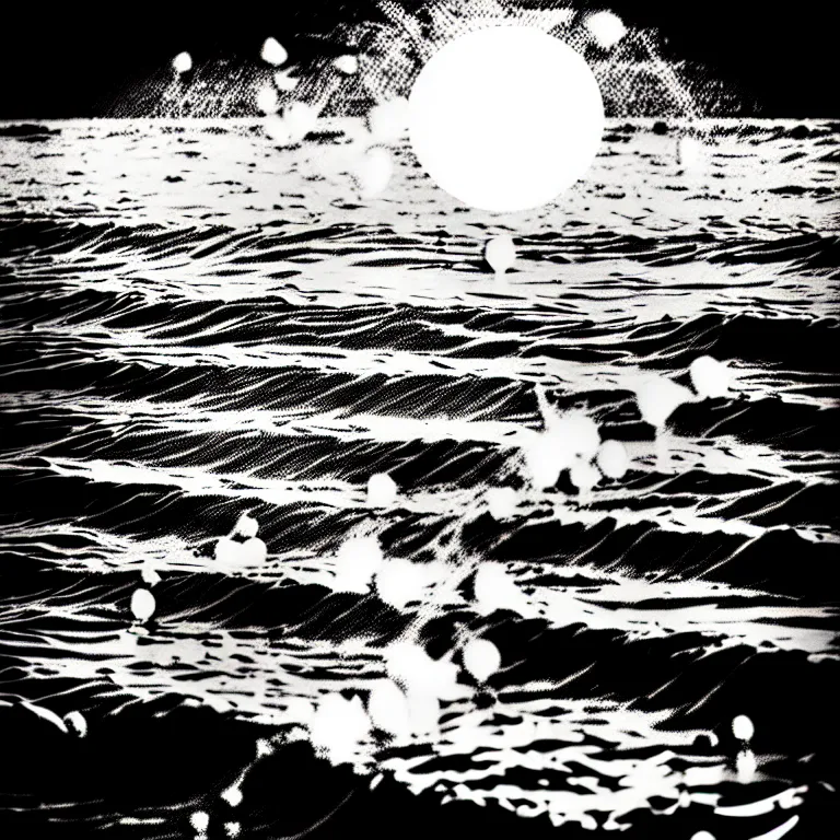 Prompt: corn floating in ocean, waves, sunrise, vintage coutry style, black and white, detailed